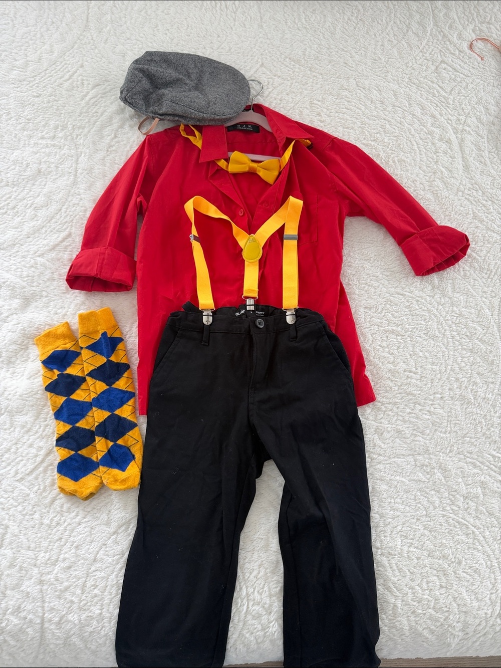 Kids Red Button-Up Shirt with Yellow Bow Tie and Suspenders Set